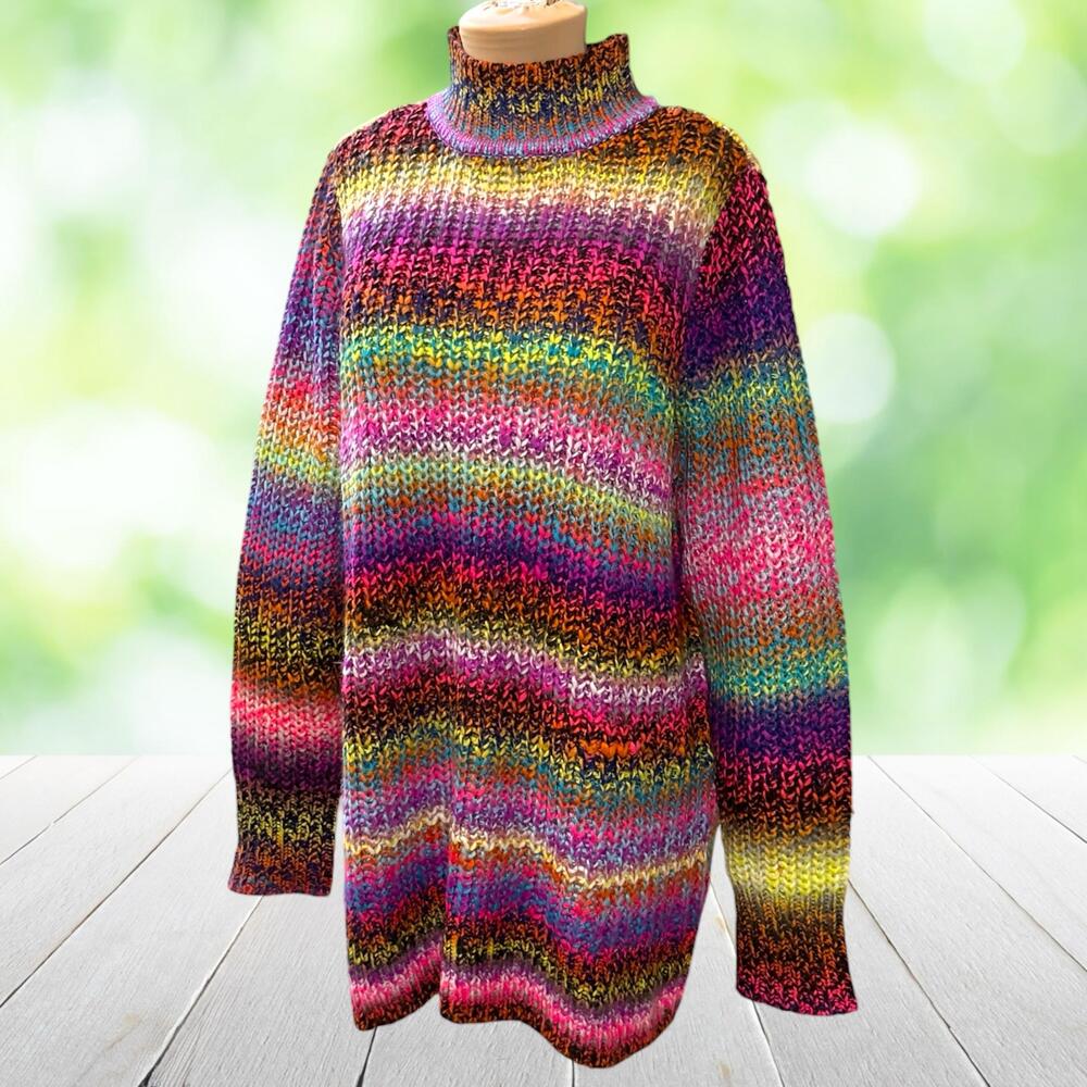 LOGO Lori Goldstein Tunic Sweater Mock Neck Bright Multicolor Chunky Knit Size L